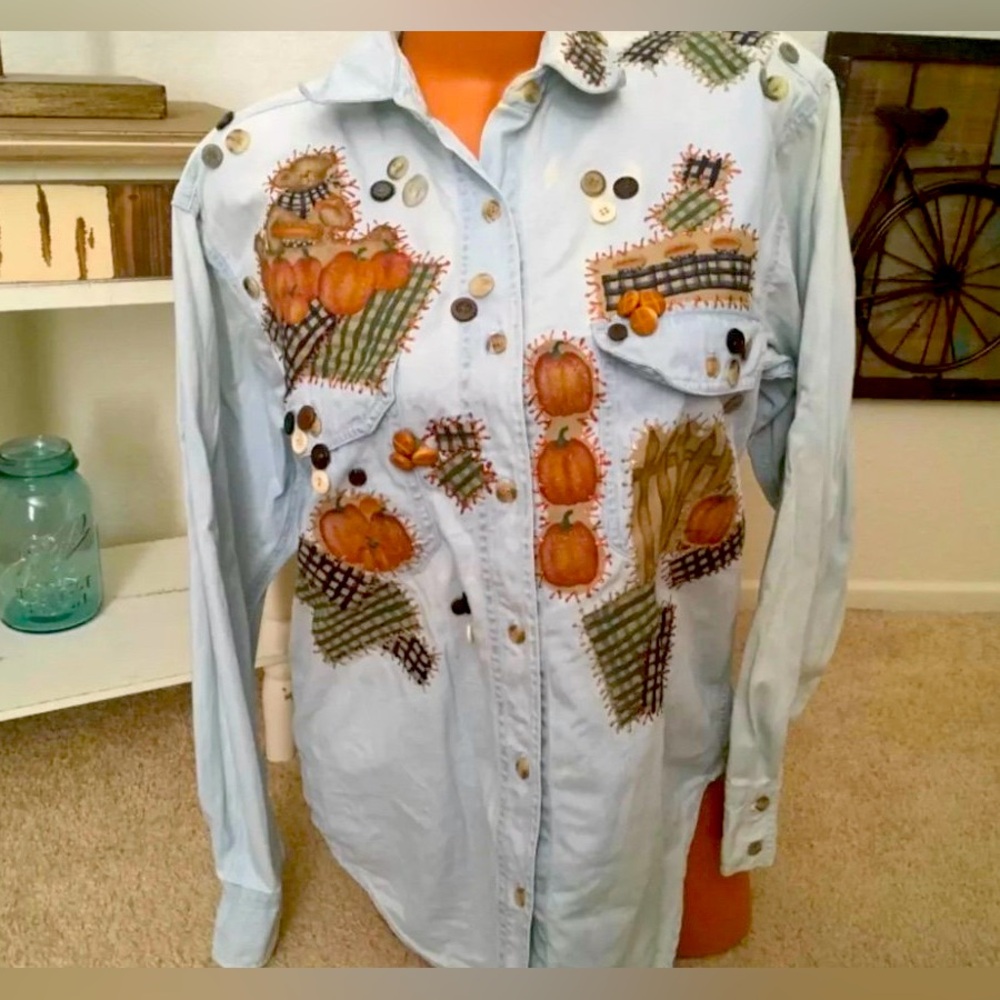 Hand-Made Art Appliqué "Beary Pumpkin Farm” Long Sleeve Denim Top Sz M